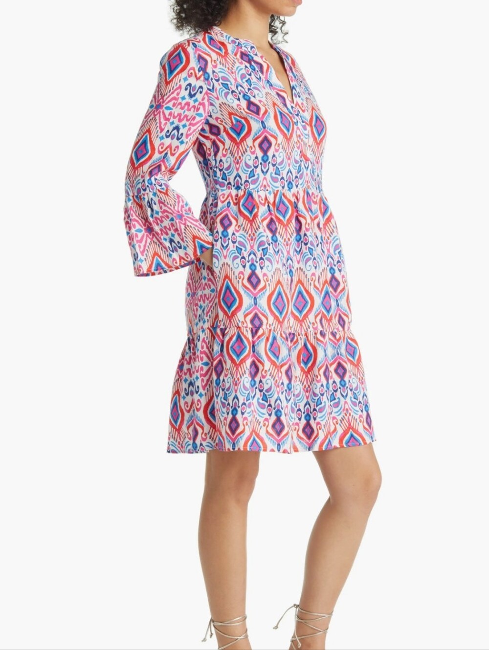 Boden Women's Relaxed Linen 3/4 Sleeve Tiered Dress in Ikat Paradise Size 10